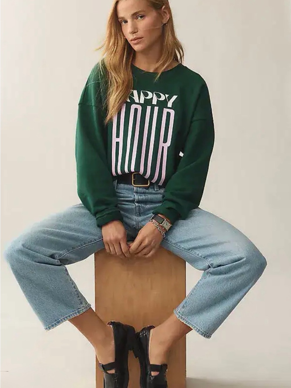 Anthropologie Maeve x Jordan Nickson Happy Hour Sweatshirt M Green Like New